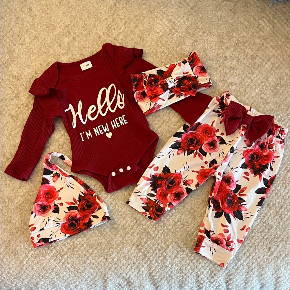 Hello I'm New Here Burgundy Floral Baby Girl Outfit - 4pc